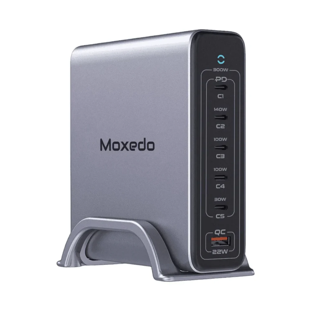 Moxedo Volton II 300W PD 3.1 GaN Desktop Charger with 5 USB-C, 1 USB-A, PPS Fast Charging & Metal Base, Black - MX-CS042