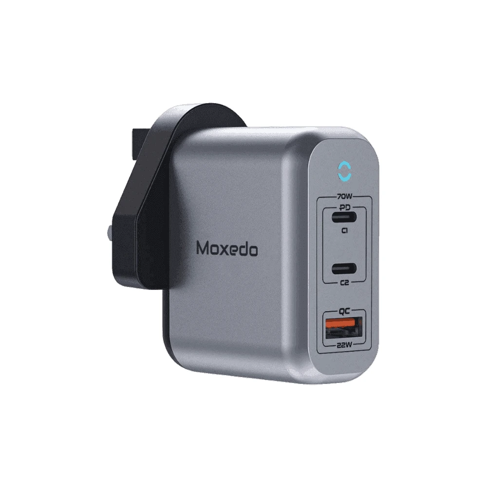 Moxedo Volton II 70W PD GaN Charger with 2 USB-C & 1 USB-A Ports, PPS PD 3.0 Fast Wall Charger, Black - MX-C040