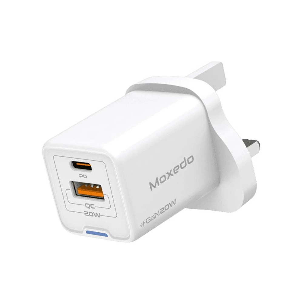 Moxedo Volton Pro 20W PD 3.0 GaN Charger with USB-C & USB-A Ports, Fast Wall Charger Adapter, White - MX-C034