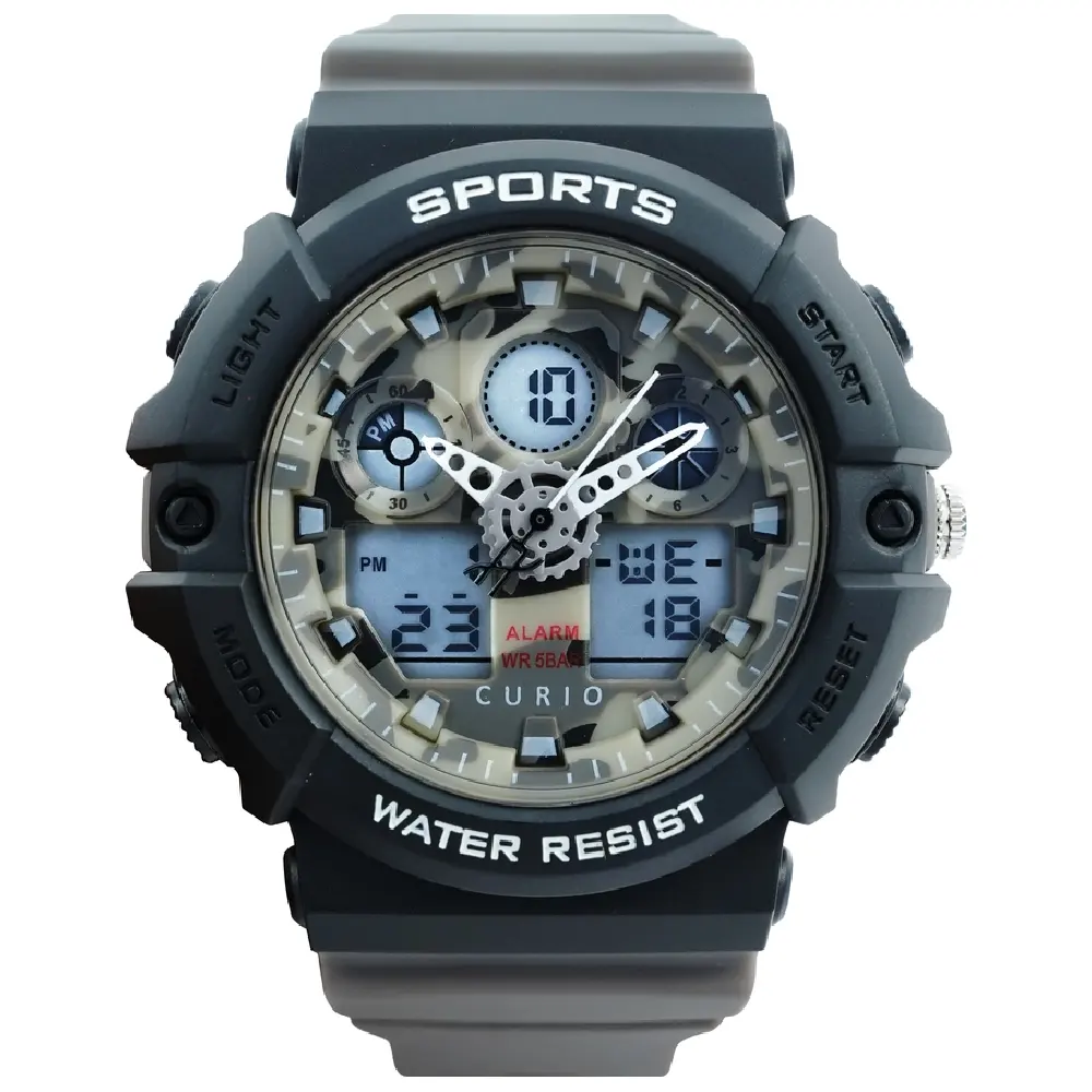Curio Kids Analog Digital Camo Dial Watch - 52mm Black ABS Case, Camo Dial, Grey Plastic Strap, 30m Water Resistant - CU-2246GAD-3