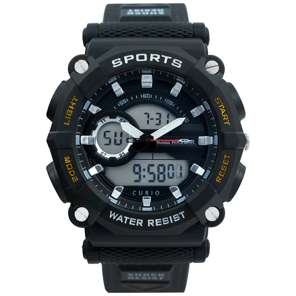Curio Kids Analog Digital Watch - 48mm Black ABS Case, Black Dial, Black Plastic Strap, 30m Water Resistant - CU-2107GAD-1