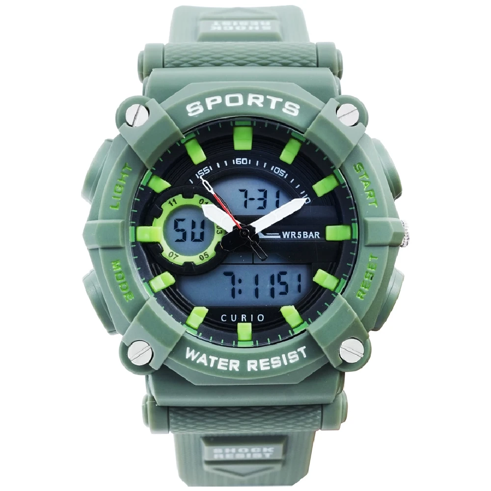 Curio Kids Analog Digital Watch - 48mm Green ABS Case, Black Dial, Green Plastic Strap, 30m Water Resistant - CU-2107GAD-3