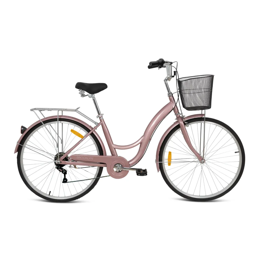 Mogoo Brooklyn 26 Inch 6 Speed City Bike with Front Basket, Rear Carrier & Shimano Grip Shifter - Rose Gold - 26X6BRK-PK