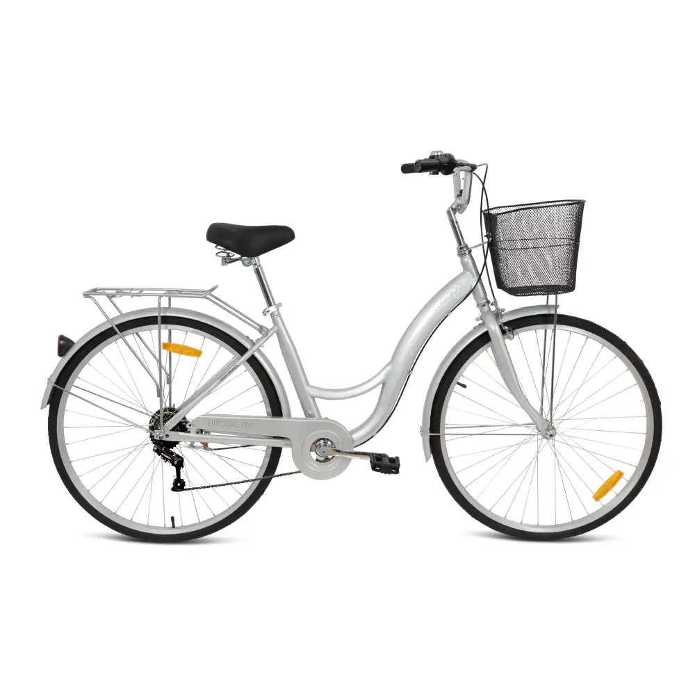 Mogoo Brooklyn 26 Inch 6 Speed City Bike with Front Basket, Rear Carrier & Shimano Grip Shifter - Silver - 26X6BRK-SL