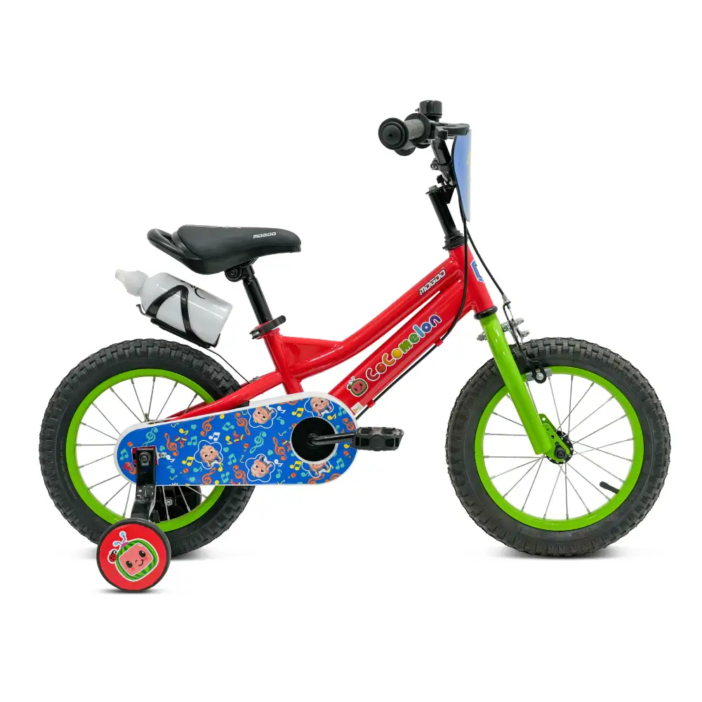 Mogoo Cocomelon Beats 12 Inch Kids Bicycle with Training Wheels, Water Bottle Holder, Front Plate & Steel Frame - Red - 12CCBTS-RD