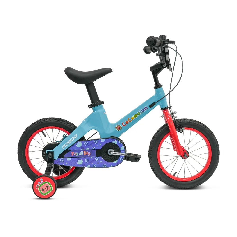 Mogoo Cocomelon Play 12 Inch Kids Magnesium Bicycle with Training Wheels, Front Plate & Enclosed Chain Cover - Blue - 12CCPLY-BL