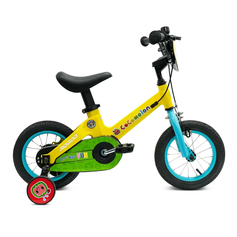 Mogoo Cocomelon Play 12 Inch Kids Magnesium Bicycle with Training Wheels, Front Plate & Enclosed Chain Cover - Yellow - 12CCPLY-YL
