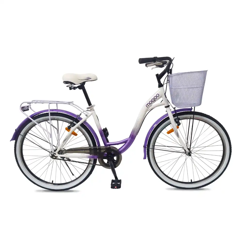 Mogoo Floress 26 Inch City Cruiser Bike with Front Basket, Rear Carrier & Steel Frame - Purple - 26FLR-PL