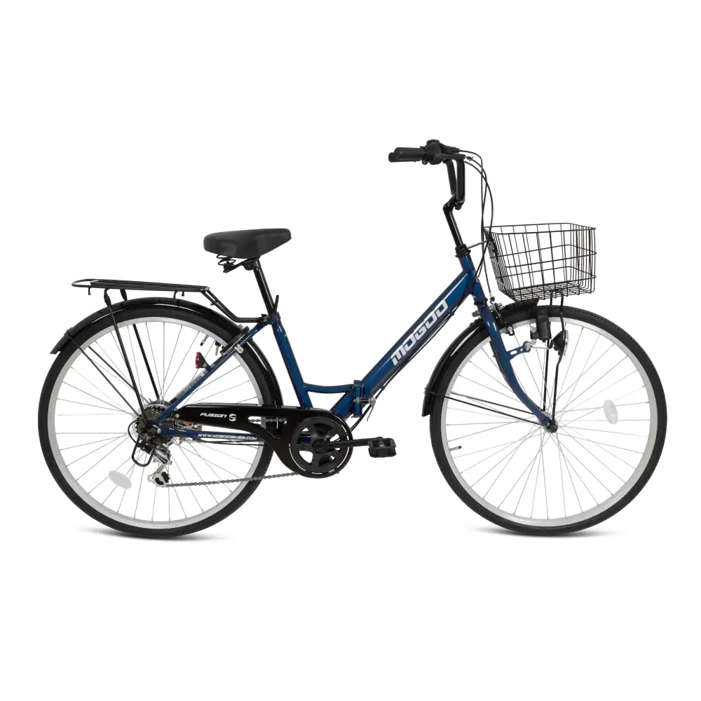 Mogoo Fusion 26 Inch Folding City Bike with Shimano 6-Speed Drivetrain, Built-in Lock, Dynamo Headlamp, Front Basket & Rear Carrier - Dark Blue - 26FUSN-DB