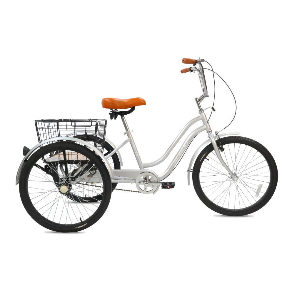 Mogoo Hauler 24 Inch Single Speed Adult Tricycle with Removable Utility Basket & Parking Brake - Silver - 24HLR-SL