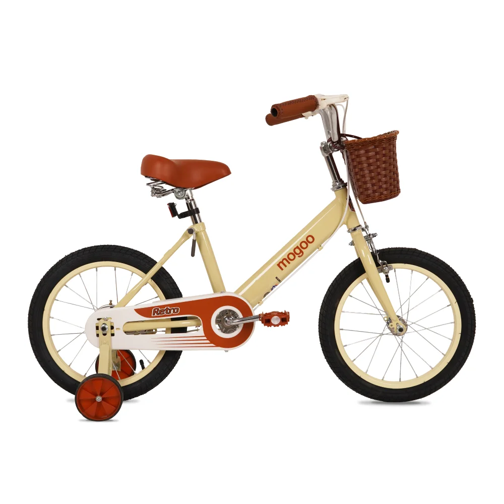 Mogoo Retro 12 Inch Kids Bicycle with Basket, Training Wheels & Adjustable Saddle - Beige - 12RTRO-BG