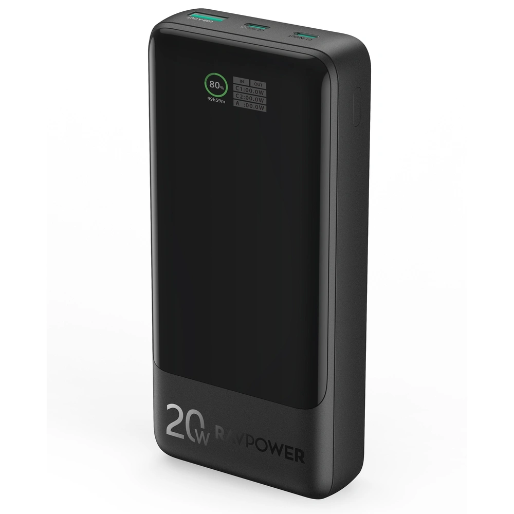 RAVPower 20000mAh Power Bank with TFT Display, Universal Compatibility, and Rapid PD 20W Charging for iPhone, Samsung, and More (Black) - RP.PB1238.BK