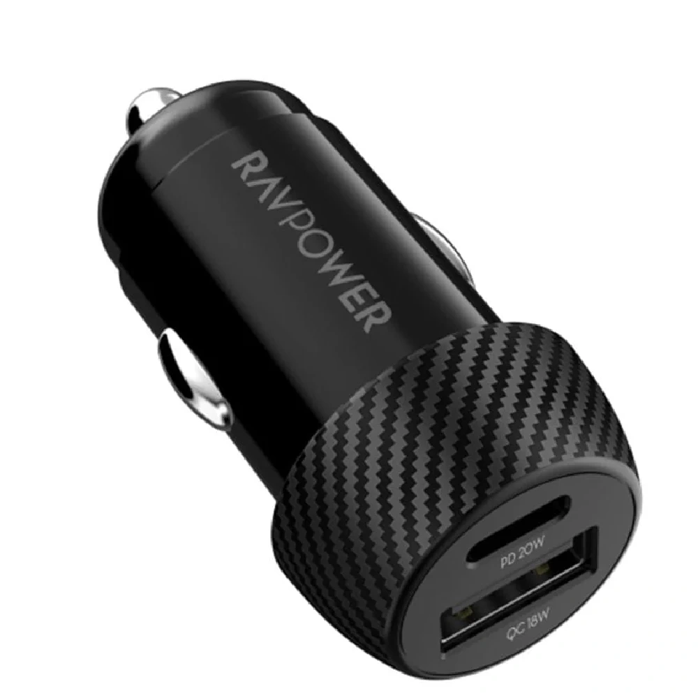 RAVPower 20W Car Charger with Dual Ports (1C+1A), iSmart Overcurrent and Overheat Protection, and Universal Compatibility (Black) - RP.VC1016.BK