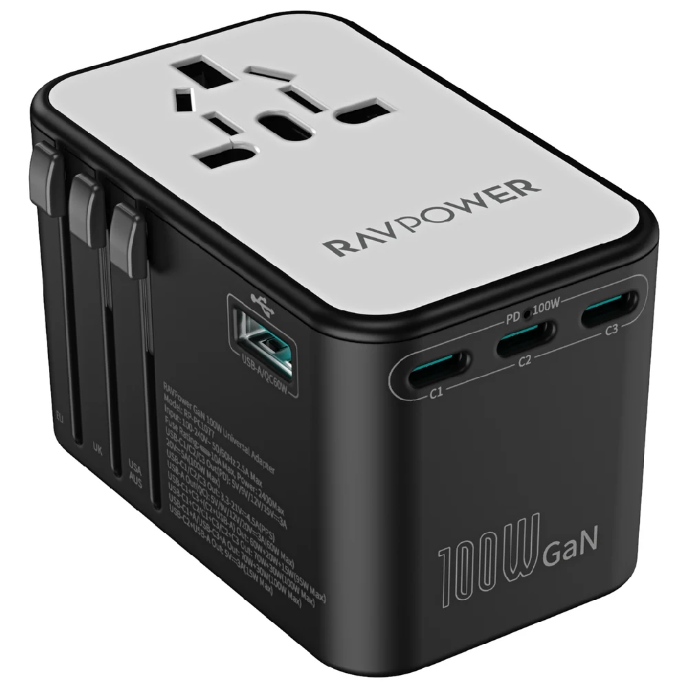 RAVPower 5-in-1 GaN 100W Travel Charger with GaN 5.0 Technology, 5 Ports (3C+1A+1AC), and Universal Compatibility for Laptop, iPhone, Samsung, and More (Black) - RP.PC1077.BK