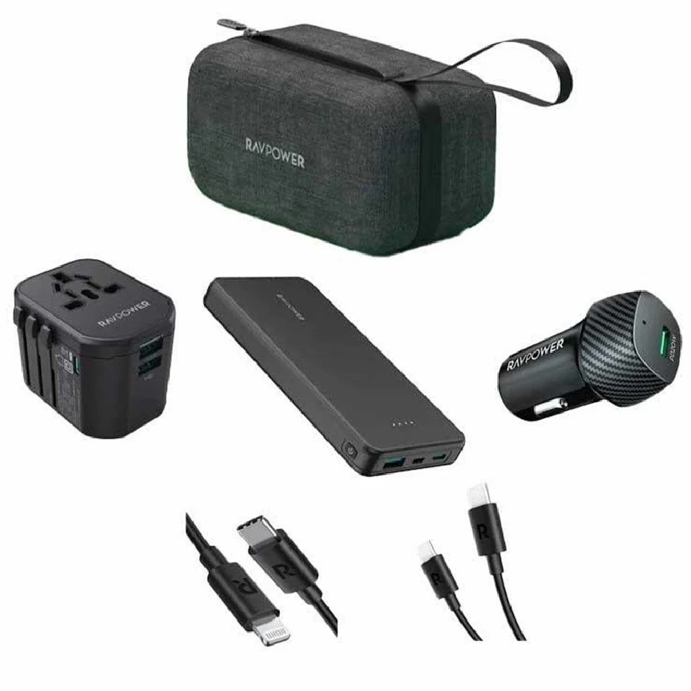 RAVPower 5-in-1 Travel Charging Combo with 10000mAh Portable Battery, Quick Charge Technology, and Advanced Overcharge Protection for iPhone, Samsung, and More (Black) - RP.PB1231.BK