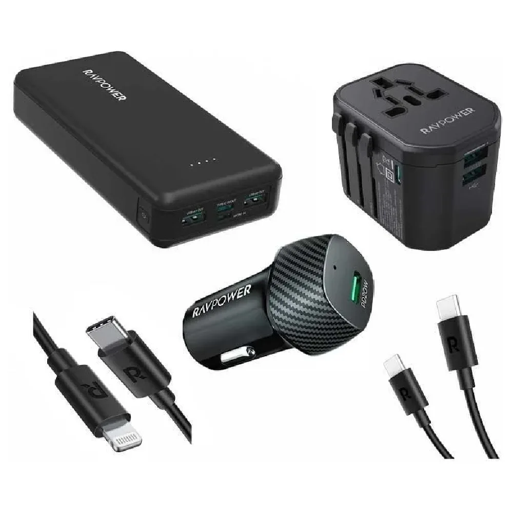 RAVPower 5-in-1 Travel Charging Combo with 20000mAh Portable Battery, Compact Design, and Universal Adapter for iPhone, Samsung, and More (Black) - RP.PB1232.BK