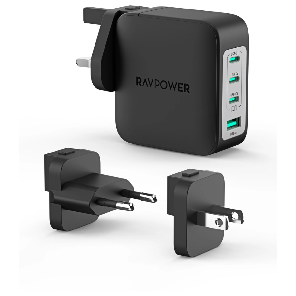 RAVPower PD Pioneer 140W Wall Charger with 3C+1A Ports, Replaceable AC Plugs, and 140W Super Fast Charging for Laptop, iPhone, Samsung, and More (Black) - RP.PC1087.BK