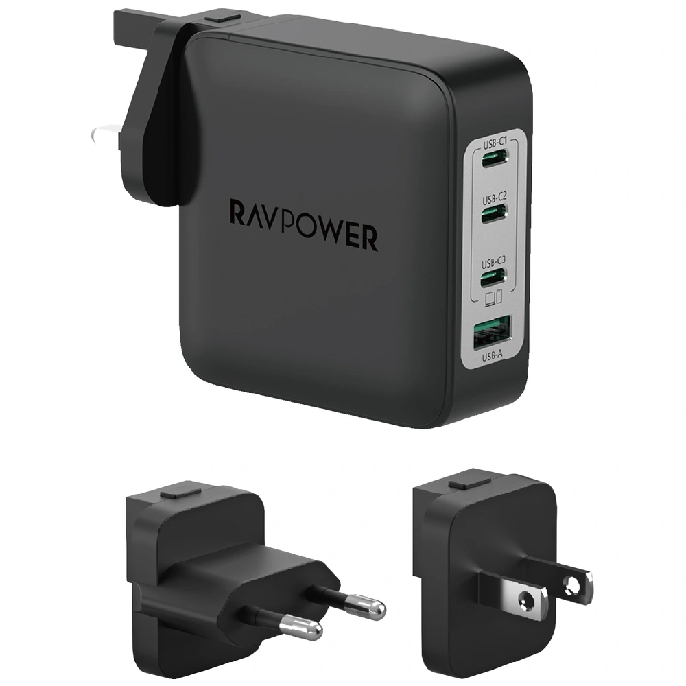 RAVPOWER PD Pioneer 200W Wall Charger with 3C+1A Ports, Replaceable AC Plugs, and 200W Ultra-Fast Charging for Laptop, iPhone, Samsung, and More (Black) - RP.PC1088.BK