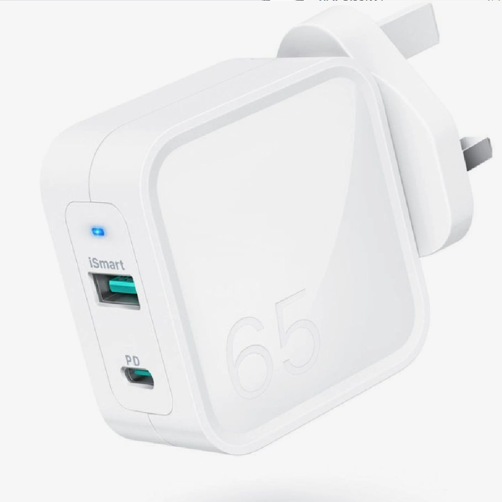 RAVPower PD Pioneer 65W 2-Port Wall Charger with Smart Power Distribution, Fast Charging for MacBook Pro in 2 Hours, and Universal Compatibility (White) - RP.PC133.WT