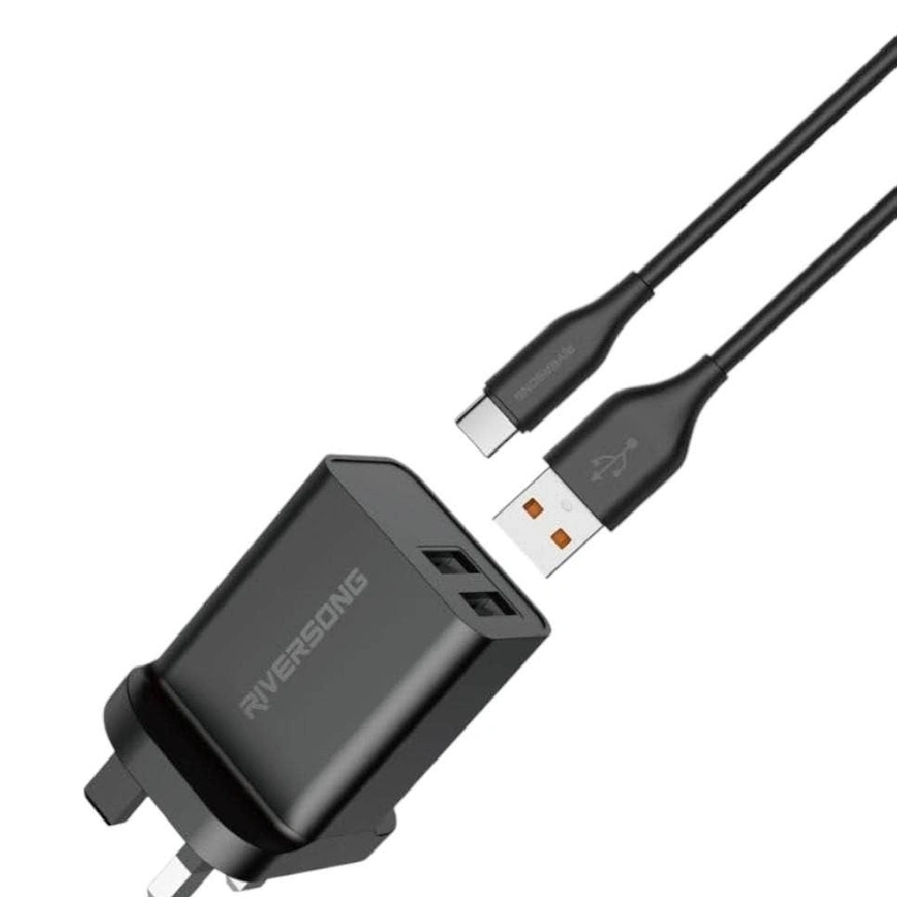 Riversong Dual Output Fast Wall Charger with 2 USB Ports for Simultaneous Charging, Included Type-C Cable, and Compact Design (Black) - RS.SAFEKUBD2-AD29T.BK