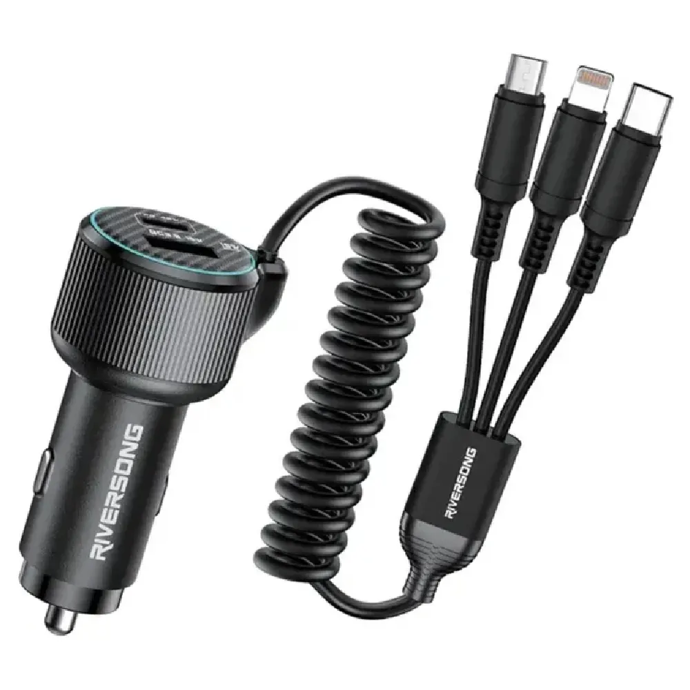 Riversong Safari C8 45W Car Charger with Built-in 3-in-1 Coiled Cable, 2 Additional Ports, and Compact Matte Black Design for iPhone, Samsung, and More (Black) - RS.SAFARIC8-CC46.BK
