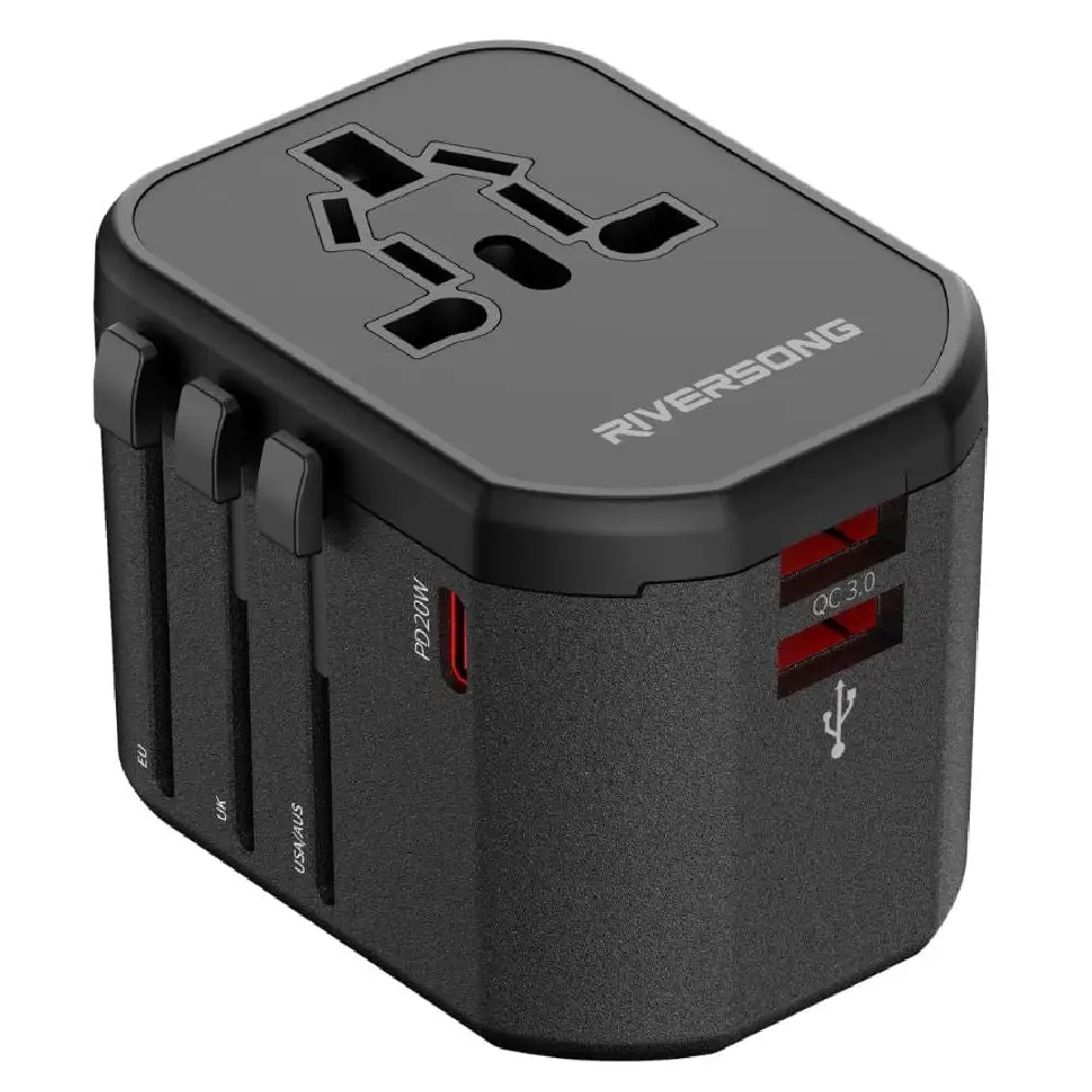 Riversong TravelKub 20 Universal Travel Charger with 2 USB-A and 1 USB-C Ports, Compact Lightweight Design, and Global Voltage Support (Black) - RS.TRLKB20-AD108.BK