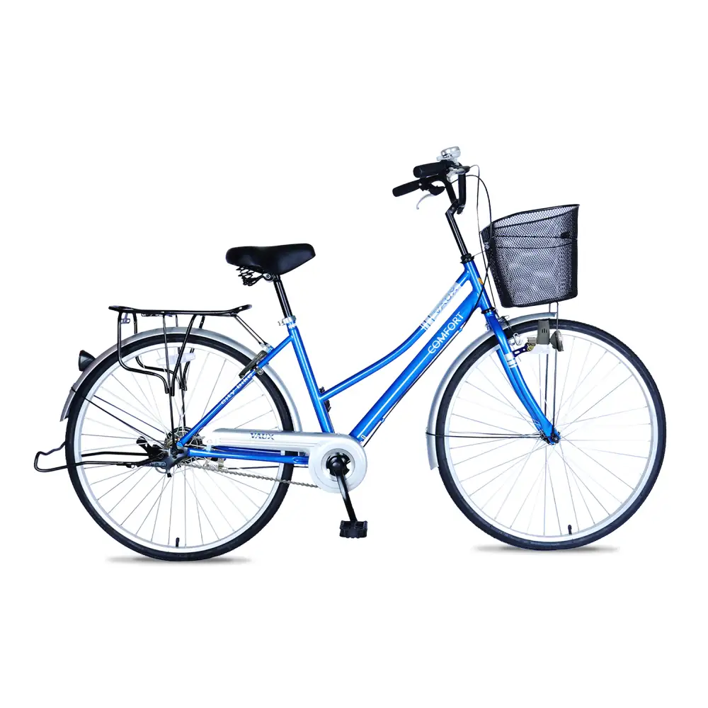 Vaux Comfort 26 Inch City Bike with Steel Frame, Front Basket, Rear Carrier, Built-in Lock & Dynamo Headlight, Blue - V26CMFT-BL