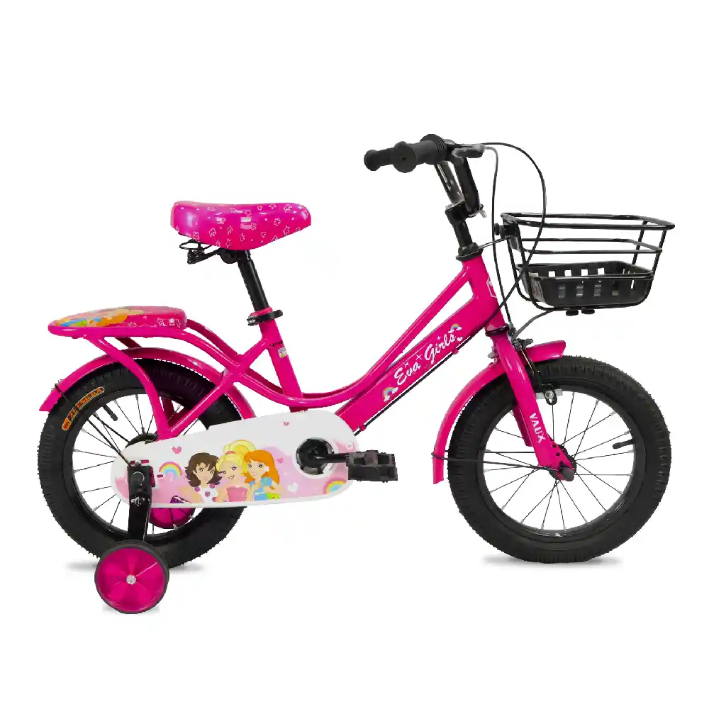 Vaux Eva 12 Inch Girls Bicycle with Front Basket, Rear Seat Platform, Training Wheels, Adjustable Seat, Steel Frame & Full Chain Guard, Pink - V12EVA-PK