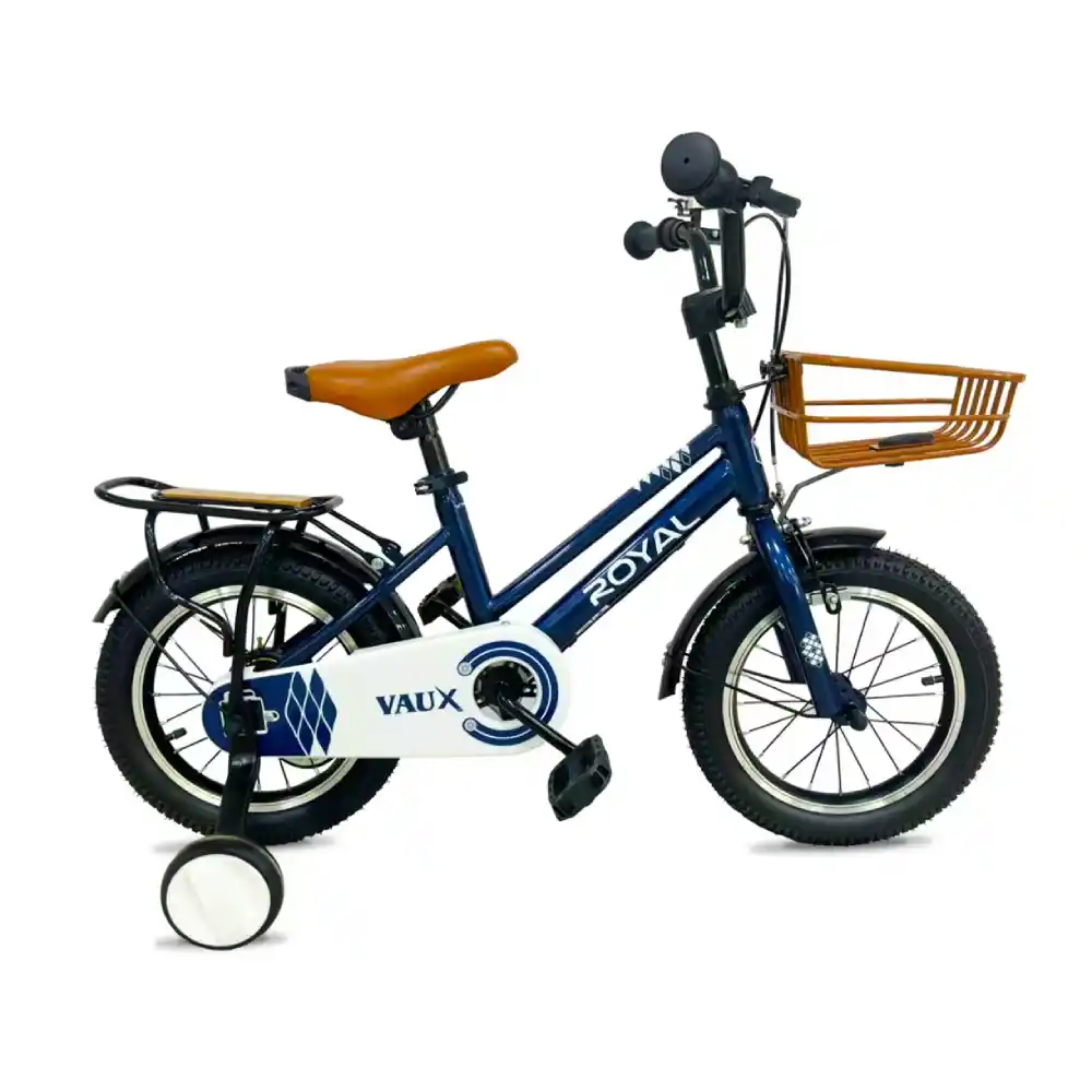 Vaux Royal 14 Inch Kids Bicycle with Front Basket, Rear Carrier, Training Wheels, Adjustable Seat, Steel Frame & Full Chain Guard, Blue - 14ROYL-BL