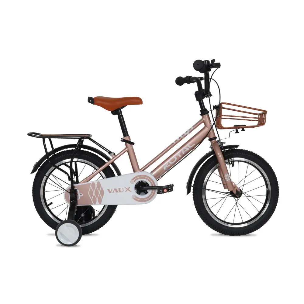 Vaux Royal 16 Inch Kids Bicycle with Training Wheels, Front Basket, Rear Carrier, Adjustable Seat, Full Chain Guard & Steel Frame, Rose Gold - 16ROYL-RG