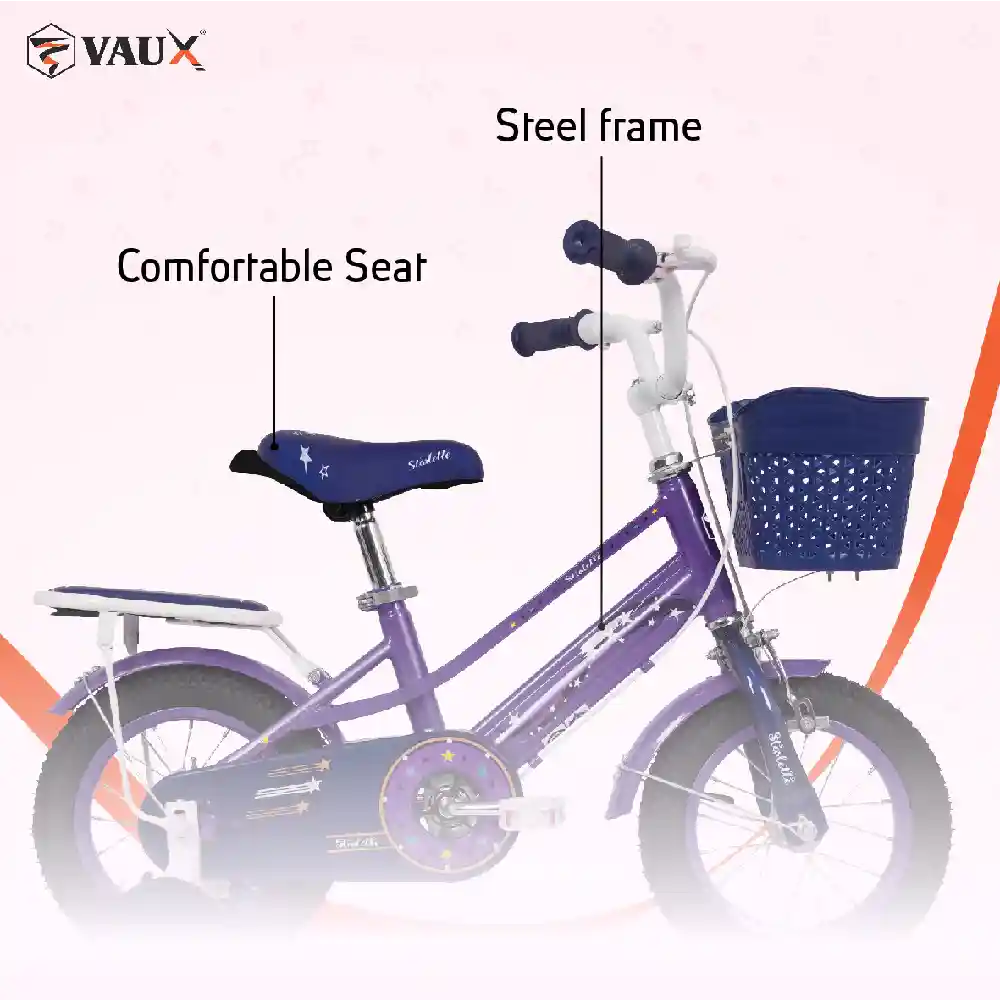 Vuax Starlette 14 Inch Girls Bicycle with Steel Frame, Training Wheels, Front Basket & Rear Carrier, Purple - 14STAR-PL - Image 3