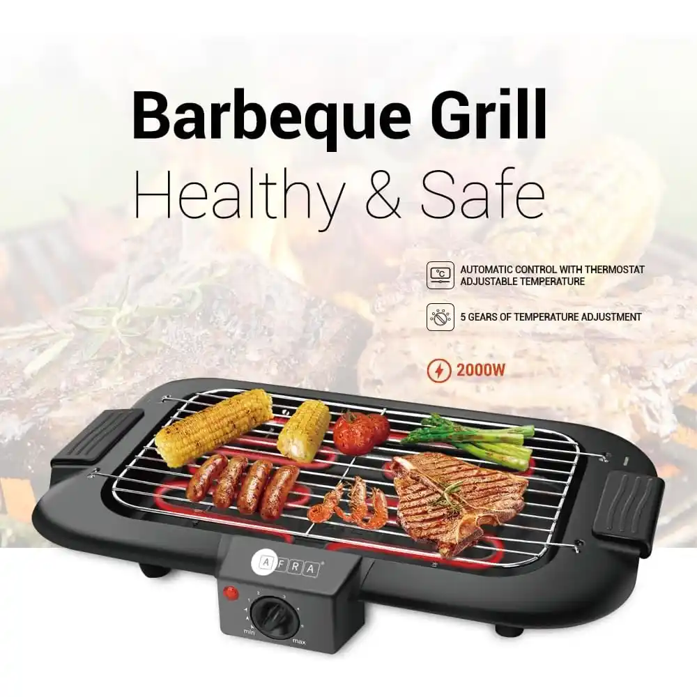 Afra 2000W Electric Barbecue Grill with Thermostat Control, Smoke-Free Stainless Steel Grill, Black - AF-2000BGBK - Image 5