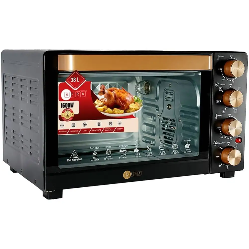 Afra 38L Electric Oven Toaster 1600W with Adjustable Thermostat, 7 Cooking Functions, Rotisserie & Grill, Black - AF-3816OTBK