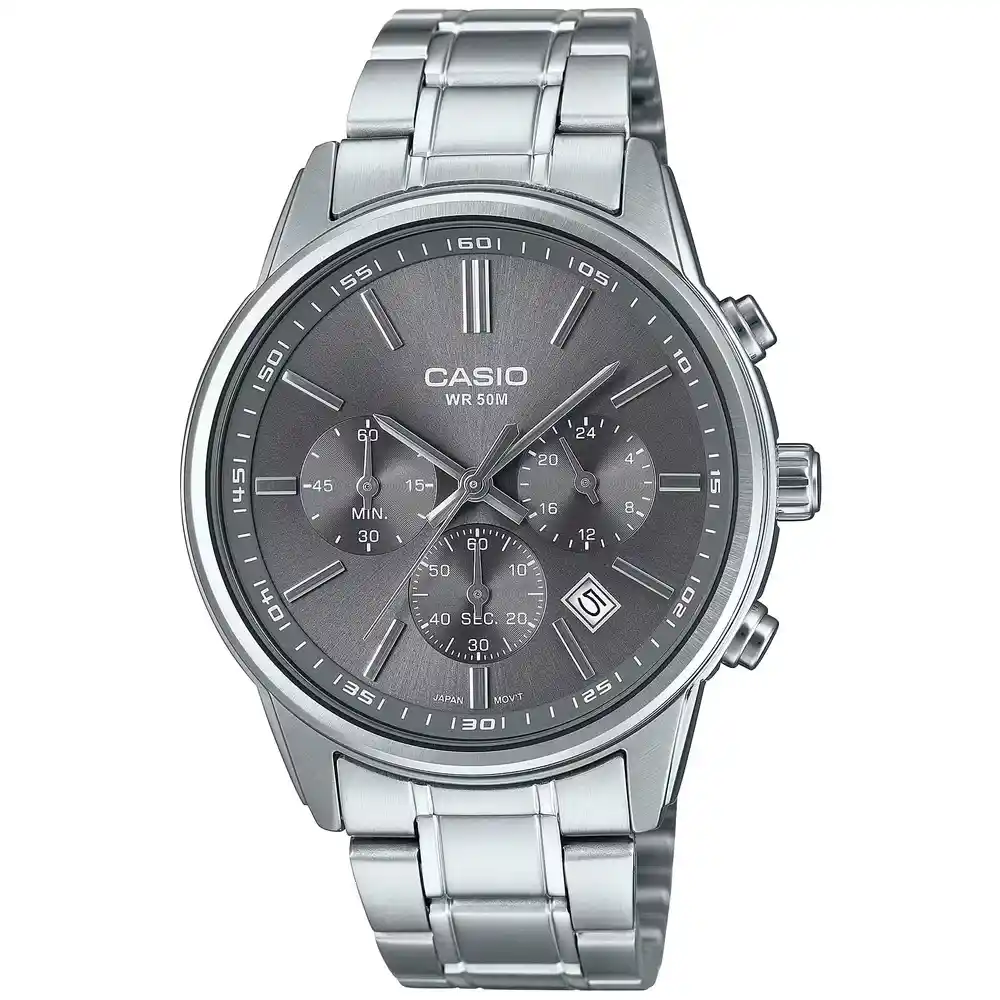 Casio Standard Analog Chronograph Watch for Men - 41mm Stainless Steel Case, Gray Dial, 50m Water Resistant - MTP-E515D-8AVDF