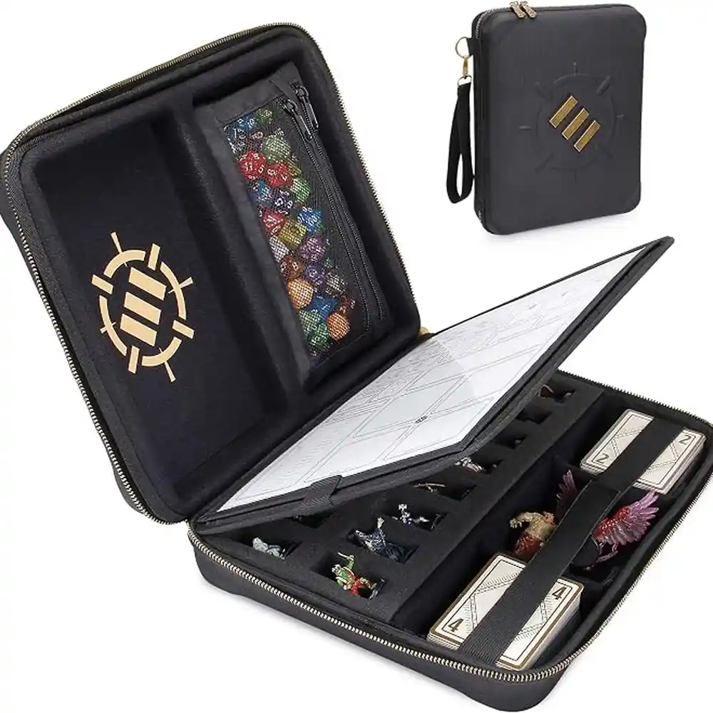 ENHANCE RPG Organizer Case - DnD Binder with Built-in Character Sheet Holder, Erasable Scribe Panel, Dice Rolling Area, Removable Pen Pouch, Miniature Foam Tray
