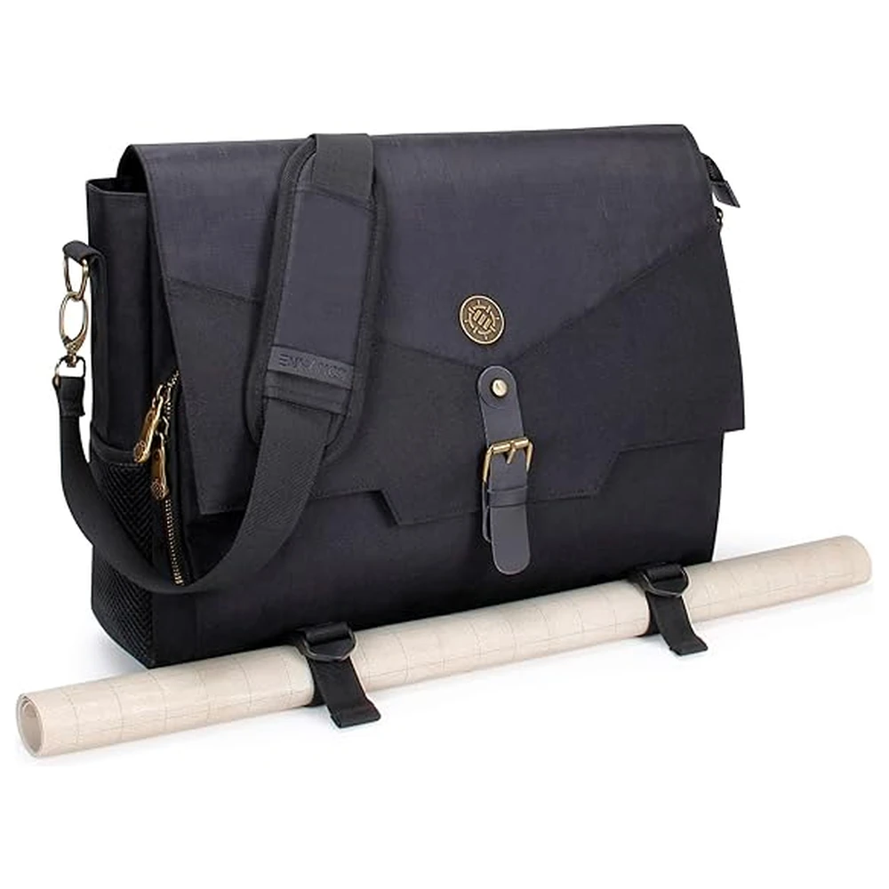 ENHANCE Tabletop DnD Bag - Crossbody RPG Bag with Padded Laptop Sleeve, Dice Storage, Battlemap Straps, Ancient Bronze Hardware - ENTTCFP100BKEW