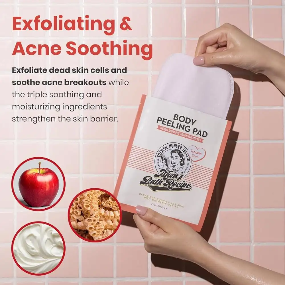 Moms Bath Recipe Body Peeling Pad Trouble Care Set of 8 - Acne Remover with BHA and Cica, Bubble Body Wash and Exfoliating Gloves (White) - Image 3