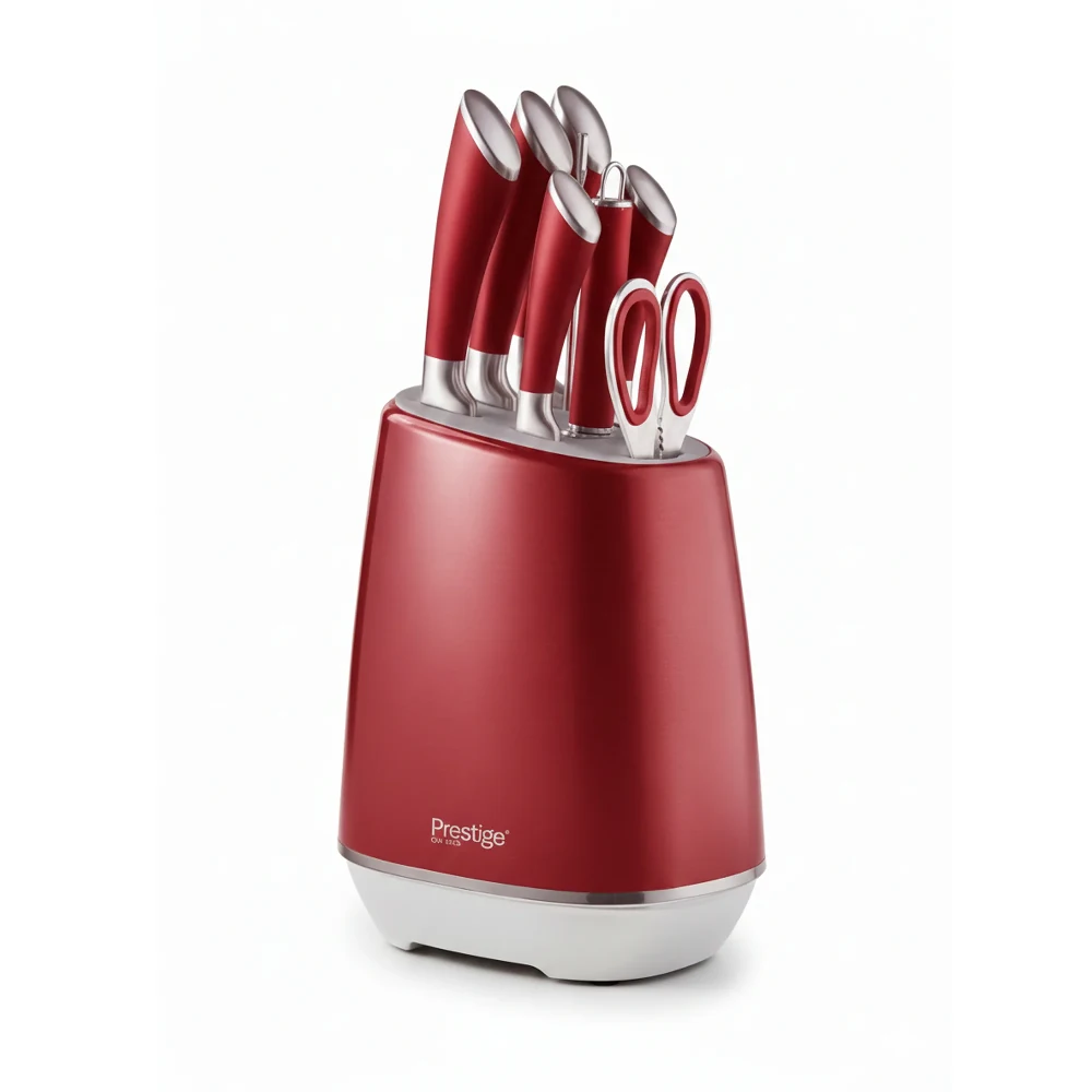 Prestige 8-Piece Carbon Steel Knife Block Set, Stainless Steel Blades, Sharpener & Scissors, Red - PR50551