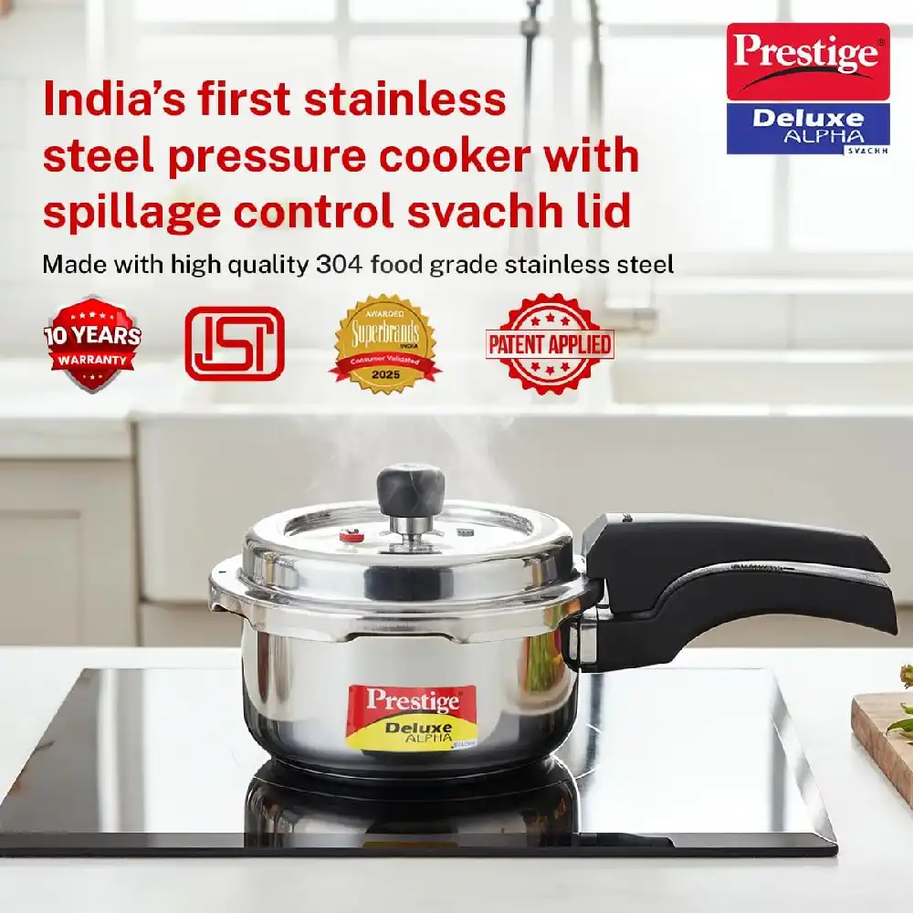 Prestige Deluxe Alpha Svachh Stainless Steel Pressure Cooker 2L with Deep Lid, Triply Base, Outer Lid, Gas & Induction Compatible, Silver - MPD20247 - Image 2