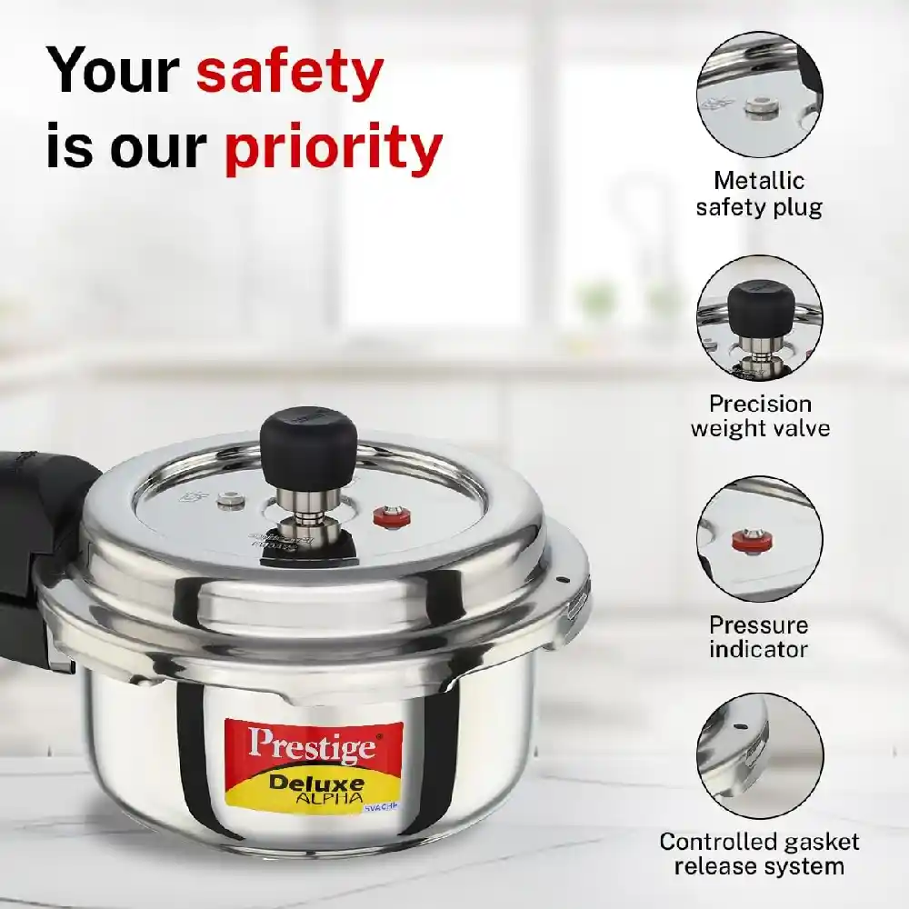 Prestige Deluxe Alpha Svachh Stainless Steel Pressure Cooker 2L with Deep Lid, Triply Base, Outer Lid, Gas & Induction Compatible, Silver - MPD20247 - Image 5