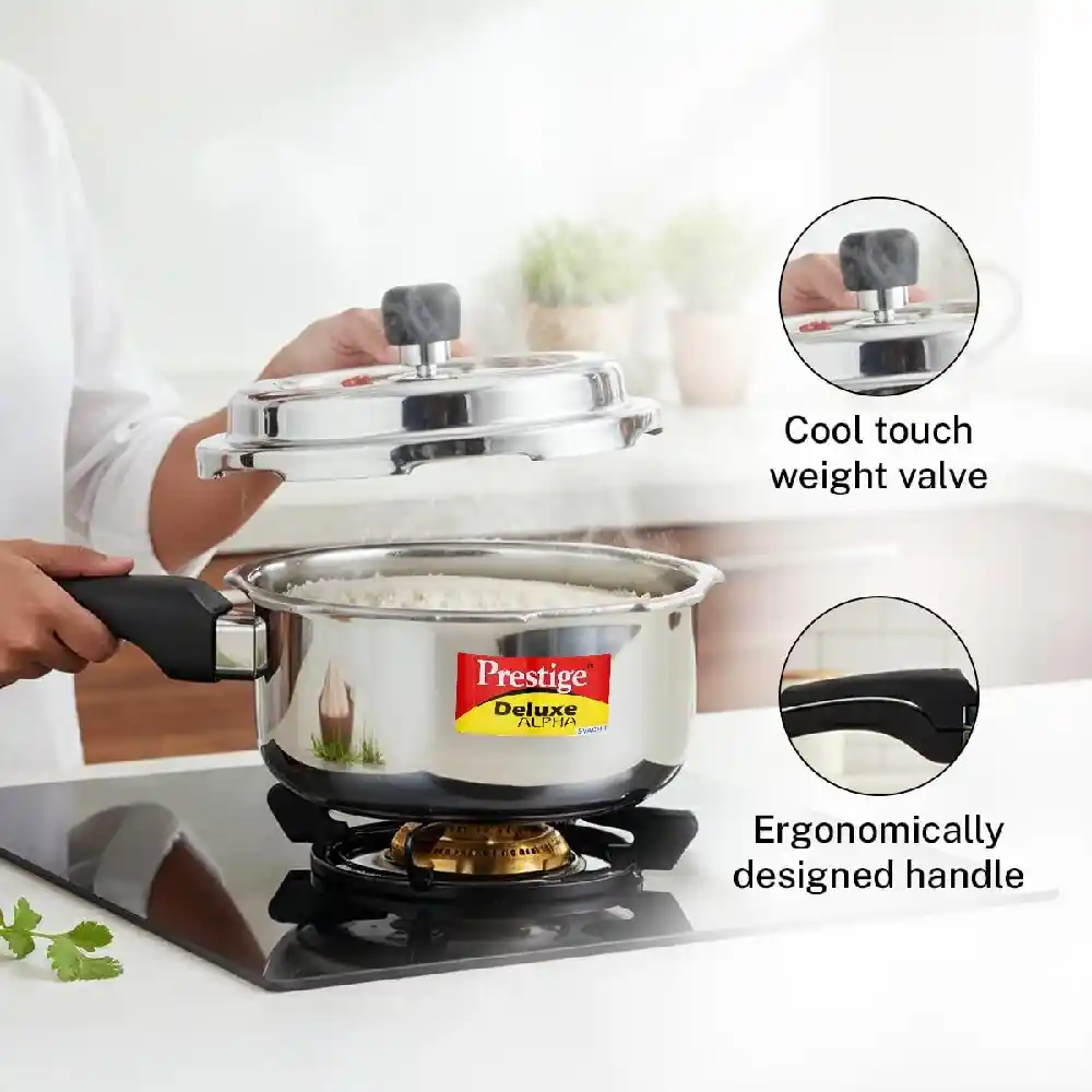 Prestige Deluxe Alpha Svachh Stainless Steel Pressure Cooker 2L with Deep Lid, Triply Base, Outer Lid, Gas & Induction Compatible, Silver - MPD20247 - Image 6
