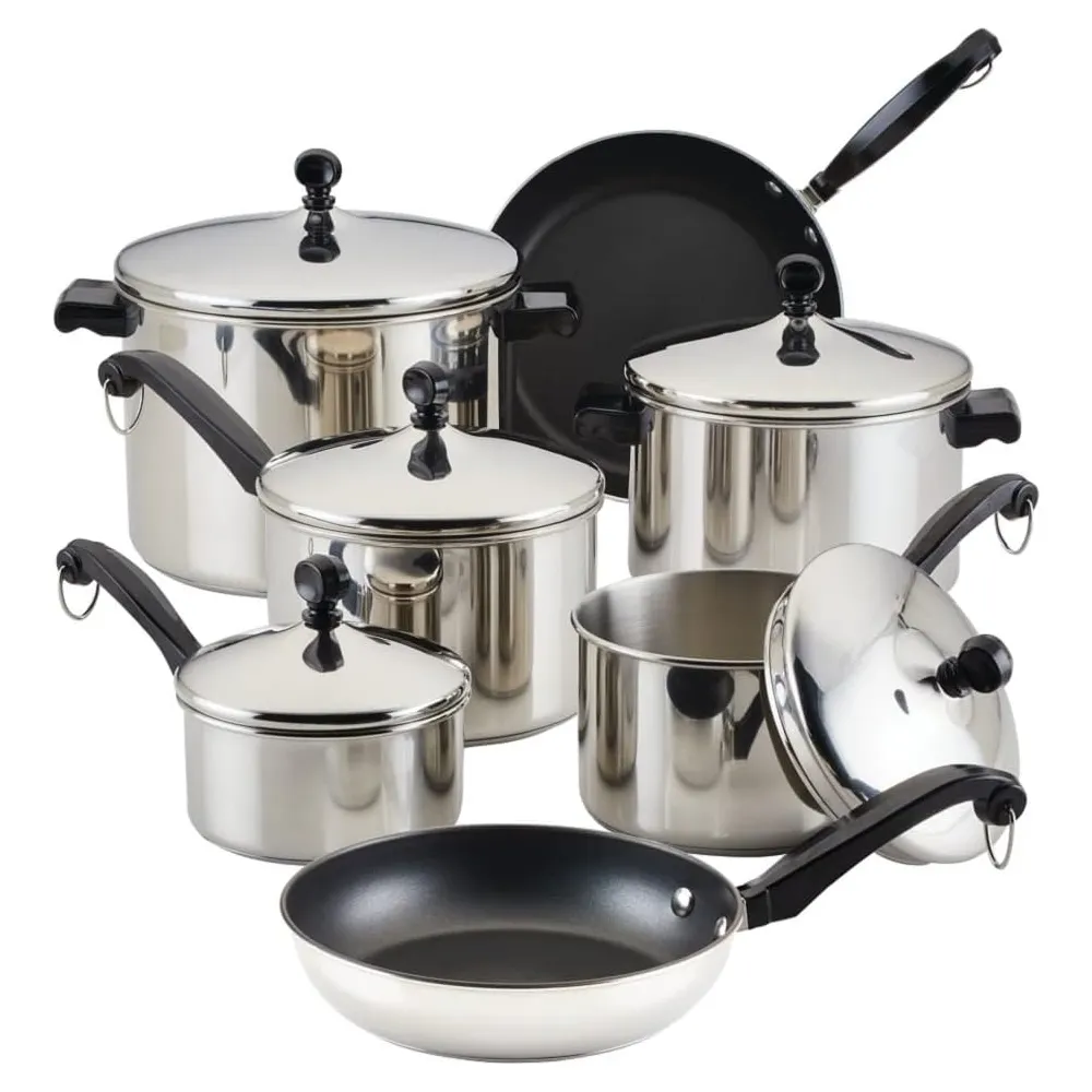 Farberware Classic 15-Piece Stainless Steel Cookware Set with Glass Lids, Induction Compatible - FB50049