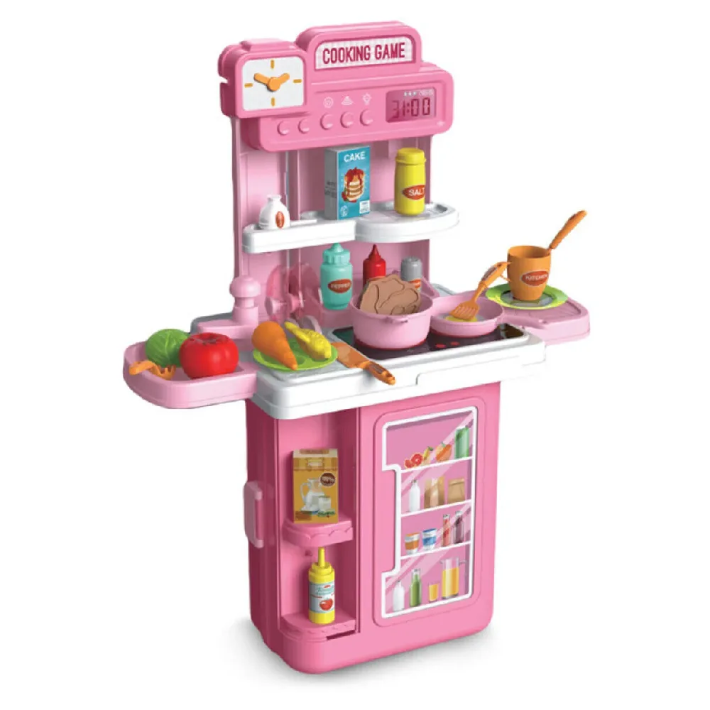 Little Story 41-Piece Chef Kitchen Restaurant Role Play Toy Set with Luggage Case, Light & Sound, Wash Tap, 4-in-1 Modes, Pink - LS_RPLC_KTPI