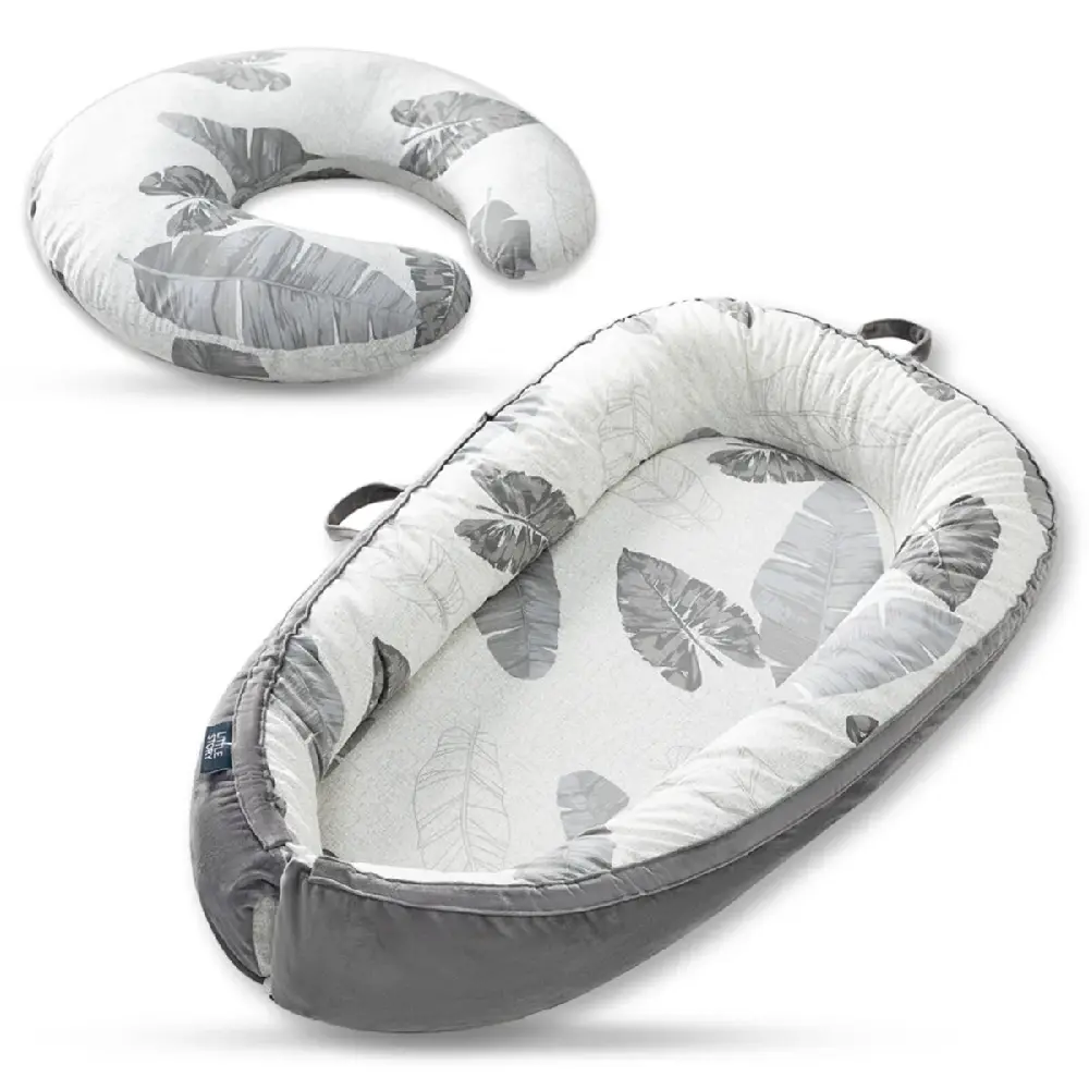 Little Story Fiberfill Lounger Bed with Baby Nursing & Feeding Pillow, Breathable Cotton Design, Removable Covers, Tummy Time & Feeding Support, Leaves - CMLS_NBLBNP12_MU