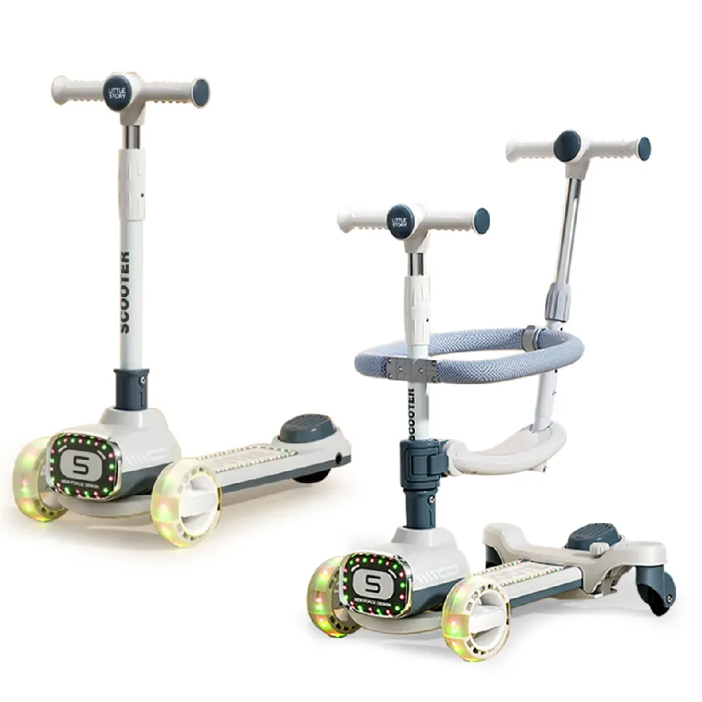 Little Story Kids Scooter with Ride On & Push Handle, Adjustable Height, Foldable Design, Flashing Wheels, Built-In Music, Grey - LS_4IN1BSC_GY