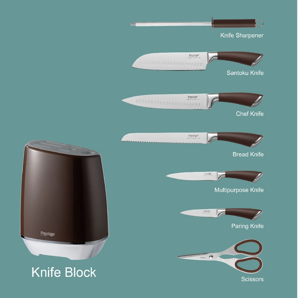 Prestige 8-Piece Carbon Steel Knife Block Set, Stainless Steel Blades, Sharpener & Scissors, Brown - PR50553 - Image 2