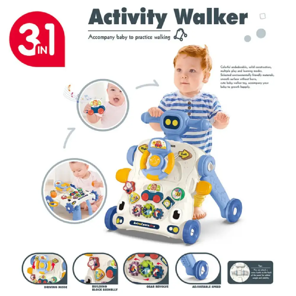 Teknum 3-in-1 Baby Walker, Learning Table & Game Panel with Musical Keyboard, Rotating Toys & Anti-Skid Wheels, Blue - TK_3in1WA_BU - Image 2