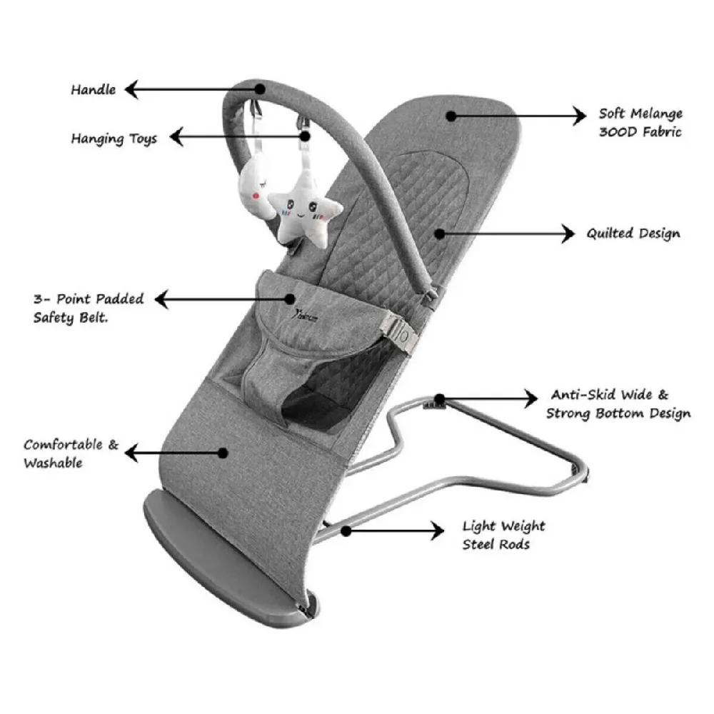 Teknum 3-Stage Baby Bouncer & Recliner Seat with 3-Point Padded Safety Belt, Hanging Toys, Washable Fabric, Foldable Design, Grey - TK_3SBO_GY - Image 3