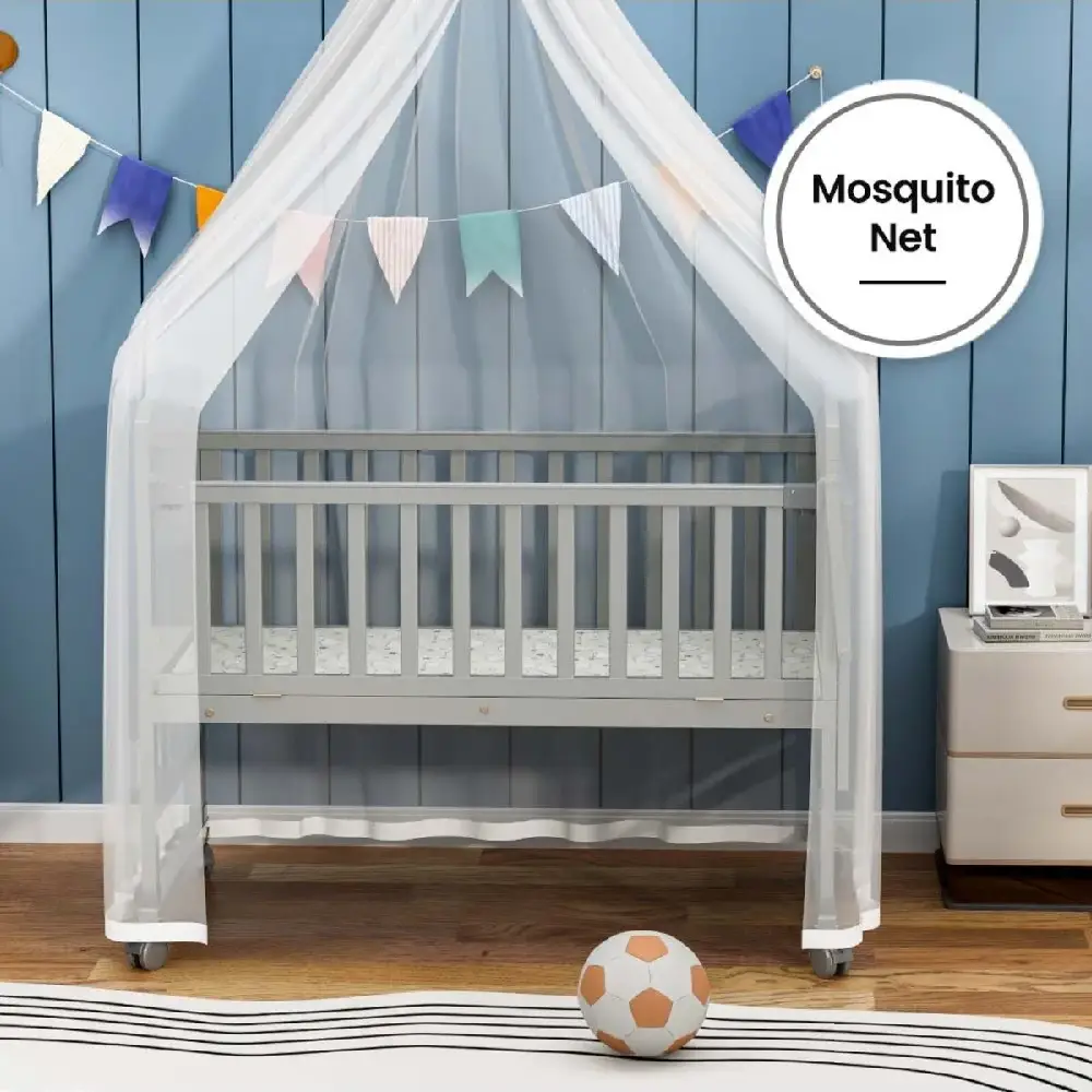 Teknum 7-in-1 Convertible Kids Bed & Bedside Crib with Mattress, Mosquito Net & Detachable Wheels, 0-12 Years, Grey - TK_7in1WBSC_GY - Image 2