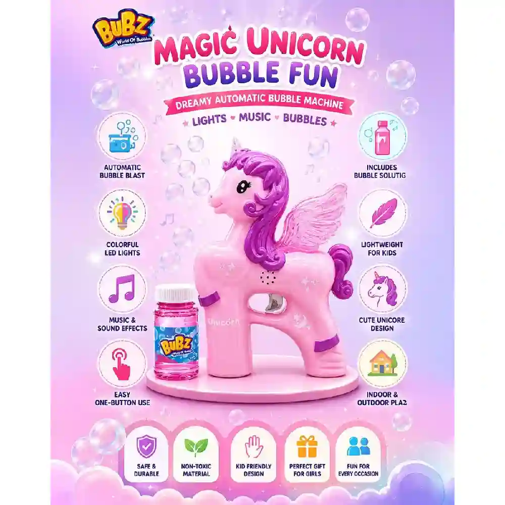 Bubz DIY Electric Unicorn Bubble Gun Toy for Kids, Fun Assembly Learning Bubble Blaster for Outdoor Play, Pink - BB81238 - Image 3